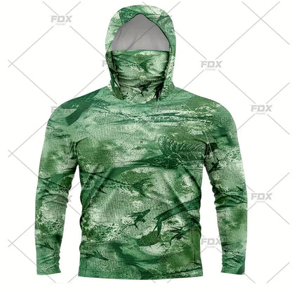 Army Green Camo Colorful Hoodie with Face Mask UV 50+Gaiter Fishing Clothing Men's Long sleeved Breathable Quick Drying T-shirt