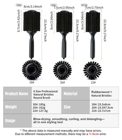 6 Sizes Boar Bristle Round Hair Brush Curly Hair Styling Comb Professional Removable Tail Barber Hairdresser Round Rolling Comb