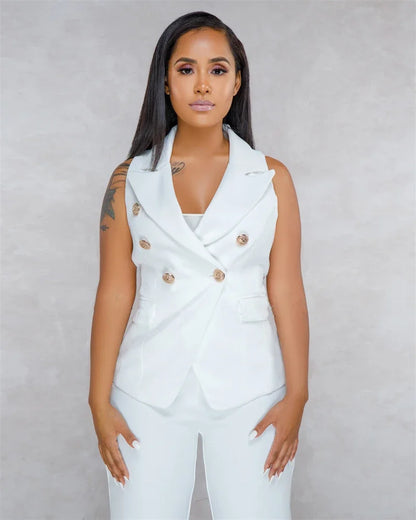 Business Work Wear Two Piece Pant Suits for Women Sets Elegant Sleeveless Blazer Top and Pencil Pants Office Lady Matching Sets