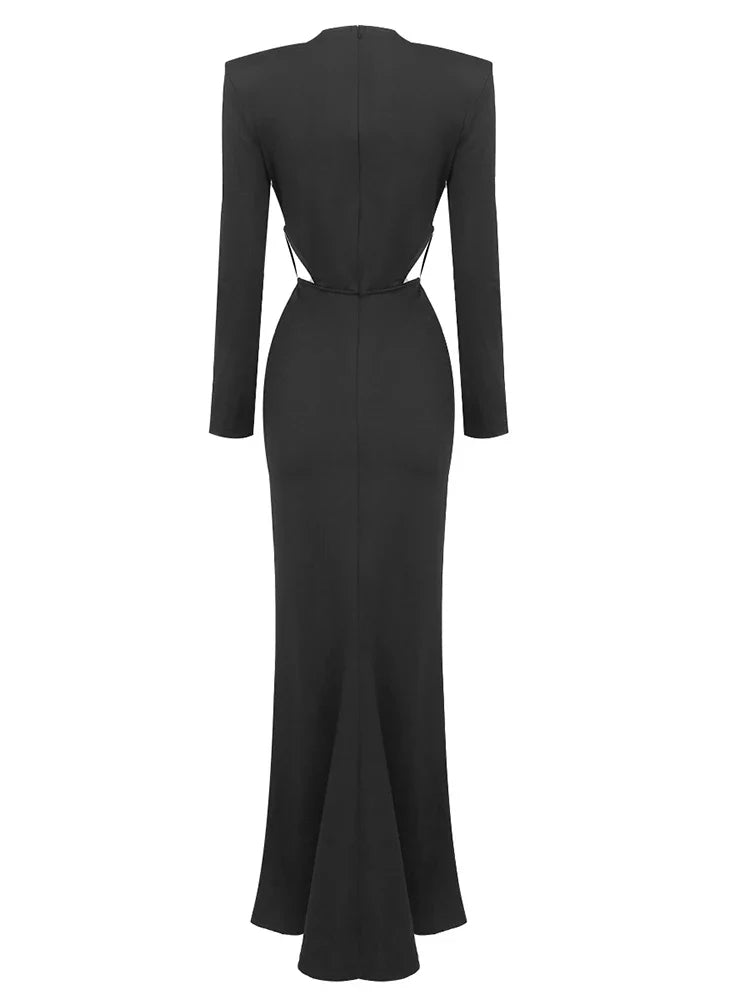 Sexy Long Sleeve V Neck Hollow Out Long Dress Women White/Black Cross Pleated High Split Maxi Dresses Elegant Party Evening Gown