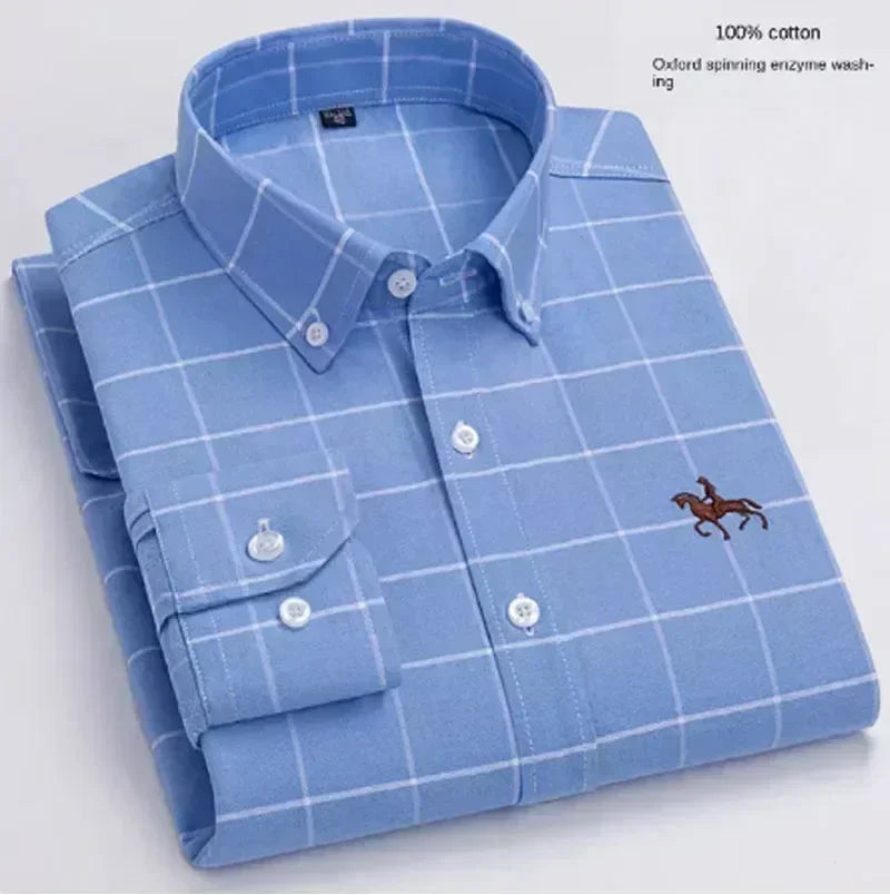 S~7XL 100% Pure Cotton Men's Long Sleeve Oxford Spinning Shirt Business Leisure Embroidery Pocket Slim Fit Button Style Soft Med