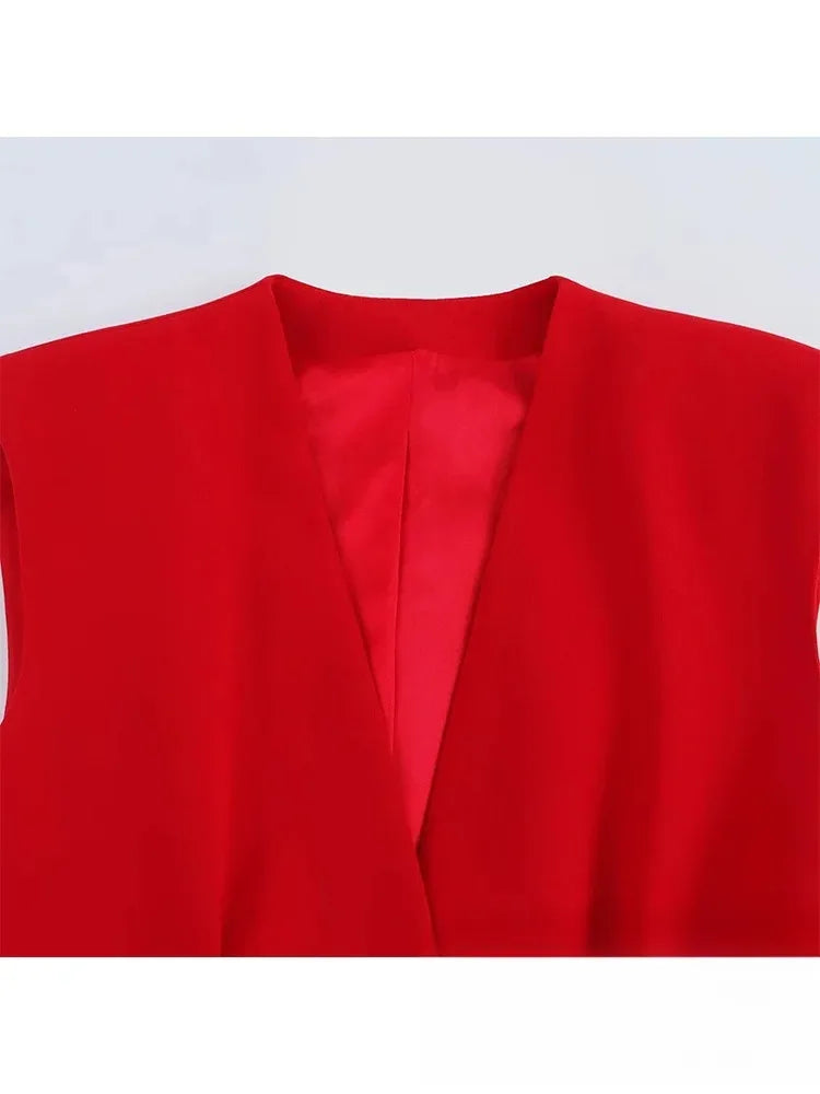 KONDALA Office Lady Chic Red Vest Blazer Suit V Neck Sashes Sleeveless Blazer High Waist Wide Leg Pants Fashion 2025 Summer Sets