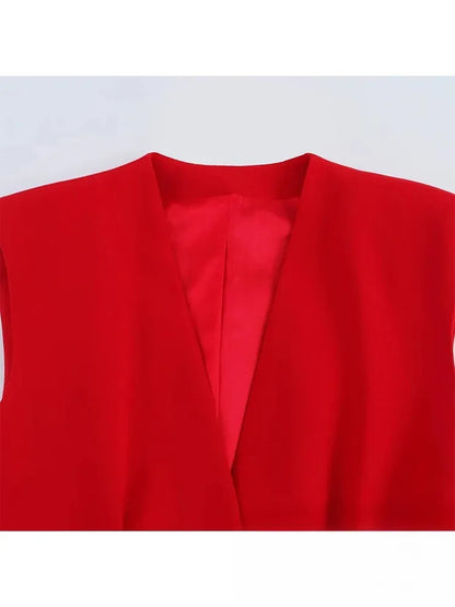 KONDALA Office Lady Chic Red Vest Blazer Suit V Neck Sashes Sleeveless Blazer High Waist Wide Leg Pants Fashion 2025 Summer Sets