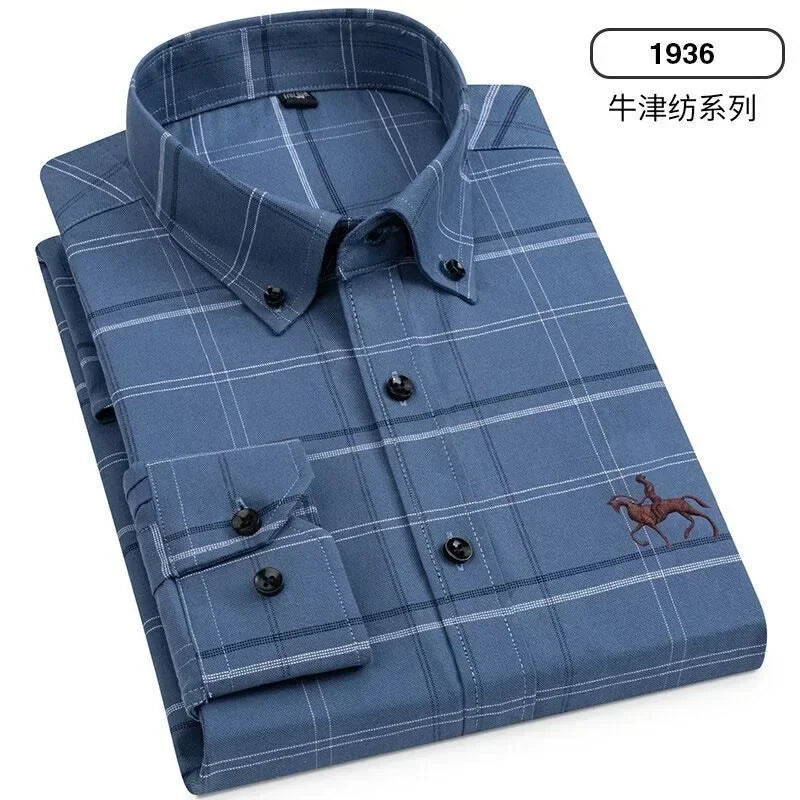 S~7XL 100% Pure Cotton Men's Long Sleeve Oxford Spinning Shirt Business Leisure Embroidery Pocket Slim Fit Button Style Soft Med
