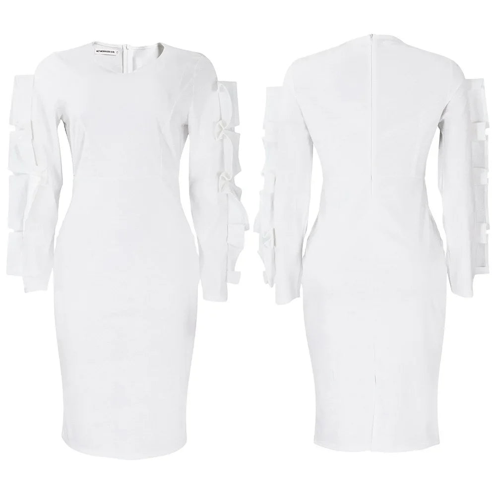 Elegant Office Dresses for Woman 2024 New O Neck Petal Sleeve Sheath Package Hips Mid Calf Formal Business Work Wear Dress Midi
