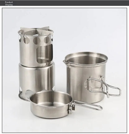 Portable Stainless Steel Wood Burning Camp Stove Set with 304 Cookware Pot for Outdoor Camping New