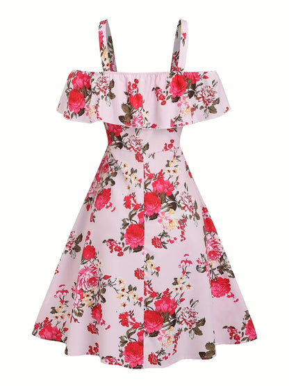 New spring and summer women's fashion from Europe and America: floral print off-shoulder ruffle dress