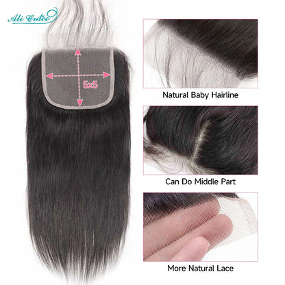 Ali Grace 5x5 HD Closure Brazilian Straight Hair HD/Transparent Lace Closure Pure-Hand Tied Human Hair Lace Closure 14-20Inch