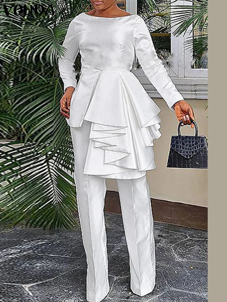 Plus Size VONDA 2024 Women Ruffled Sets Fashion Solid Color Suits Long Sleeve Irregular Top Patchwork Fitting Outfits 2pcs