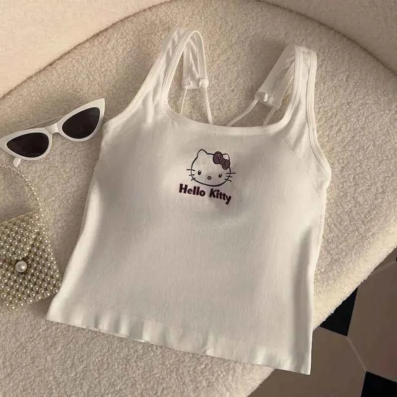 Summer Cute Girly Style HelloKitty Printed Suspender Vest with Chest Pad Slim Pinch Waist Versatile Vintage Top