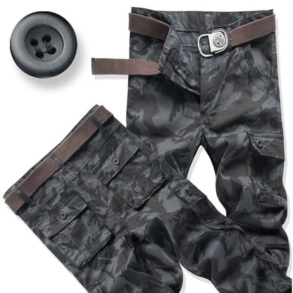 Men's Cotton Cargo Pants – Loose Fit, Multi-Pocket, Camo & Black, Waist 31-36