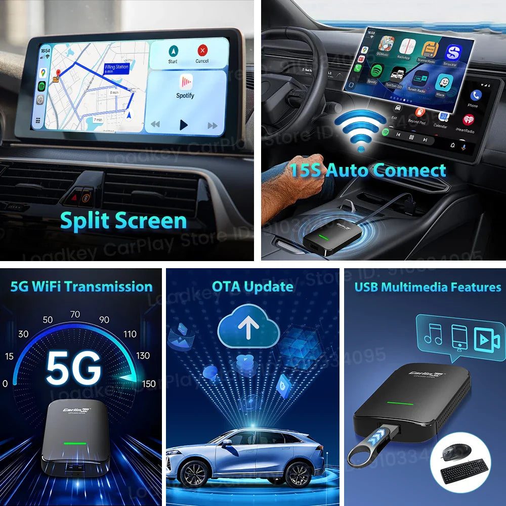 CarlinKit CP2A Pro Ai Box Wireless Adapter CarPlay Android Auto Wireless Smart CarPlay Box Support YouTube Netflix TikTok 5G USB