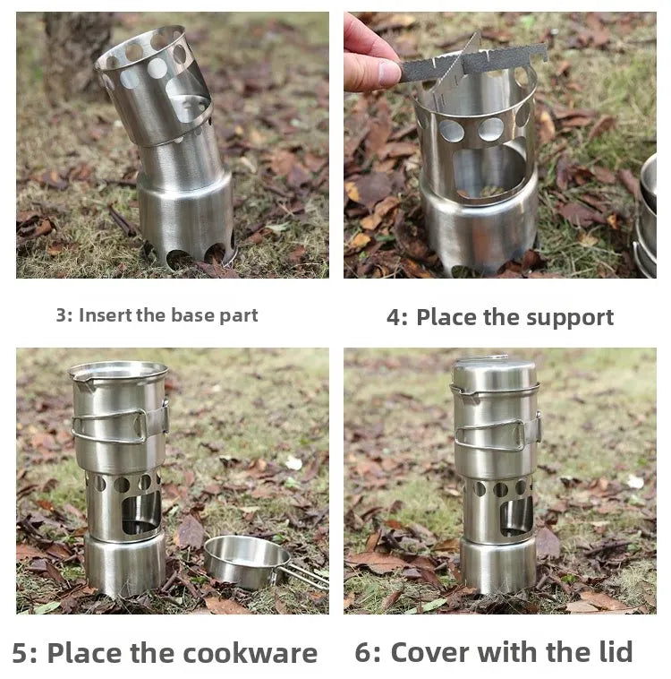 Portable Stainless Steel Wood Burning Camp Stove Set with 304 Cookware Pot for Outdoor Camping New