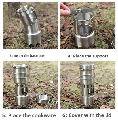 Portable Stainless Steel Wood Burning Camp Stove Set with 304 Cookware Pot for Outdoor Camping New
