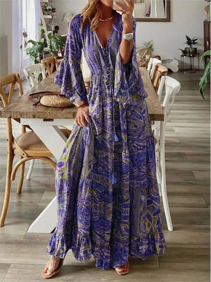 Spring Autumn Women's Fashion Bohemian Style Flare Sleeves Printed V-neck High Waist Dress Fragmented Flower Women's Long Dress