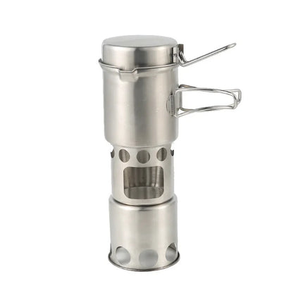 Portable Stainless Steel Wood Burning Camp Stove Set with 304 Cookware Pot for Outdoor Camping New