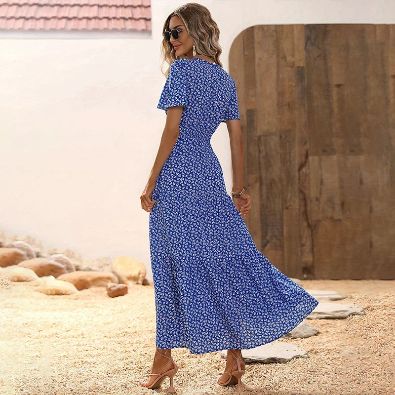 Spring Summer Tierred Dress Women Midi Dresses Female Short Sleeve Elastic Waist Printed Floral Pleated Backless Casual Dress
