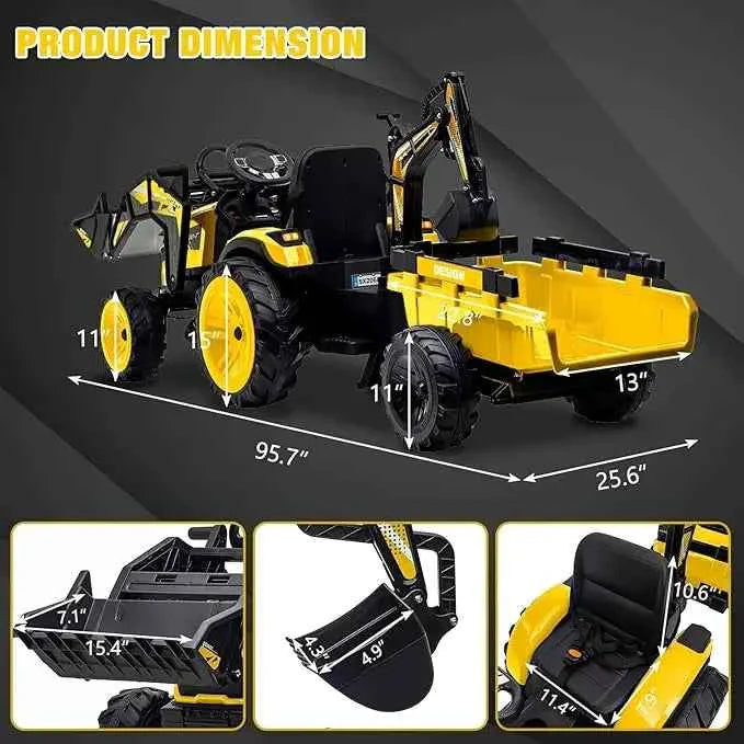 24V 3-in-1 Ride-On Tractor with Excavator & Bulldozer Modes — Kids Electric Construction Vehicle with Trailer, Digger, Shovel Bucket, Parent Remote Control, LED Lights, Music & USB, Battery