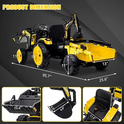 24V 3-in-1 Ride-On Tractor with Excavator & Bulldozer Modes — Kids Electric Construction Vehicle with Trailer, Digger, Shovel Bucket, Parent Remote Control, LED Lights, Music & USB, Battery