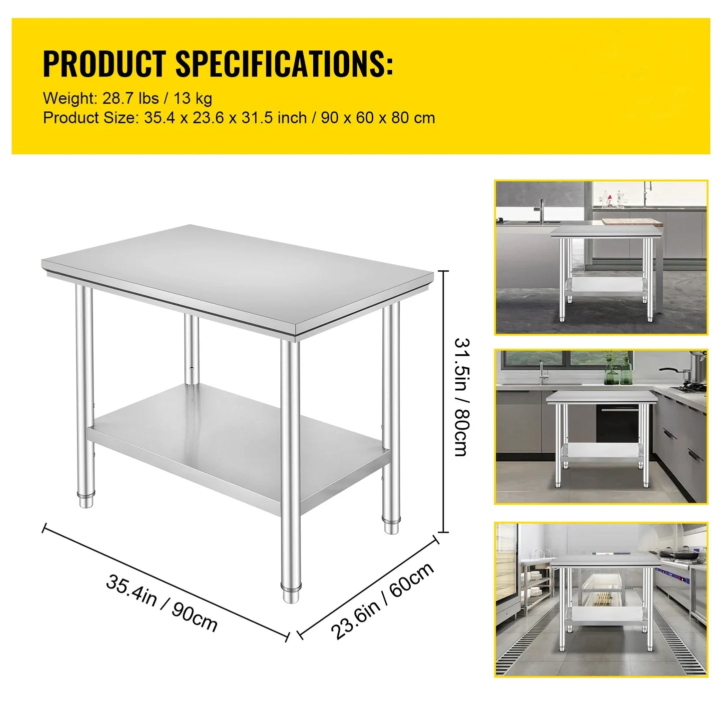 SucceBuy Stainless Steel Kitchen Work Bench Commercial Catering Table Worktable w/Undershelf 330LBS 286LBS for Restaurant
