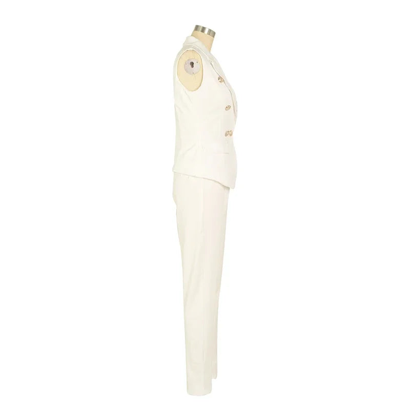 Business Work Wear Two Piece Pant Suits for Women Sets Elegant Sleeveless Blazer Top and Pencil Pants Office Lady Matching Sets