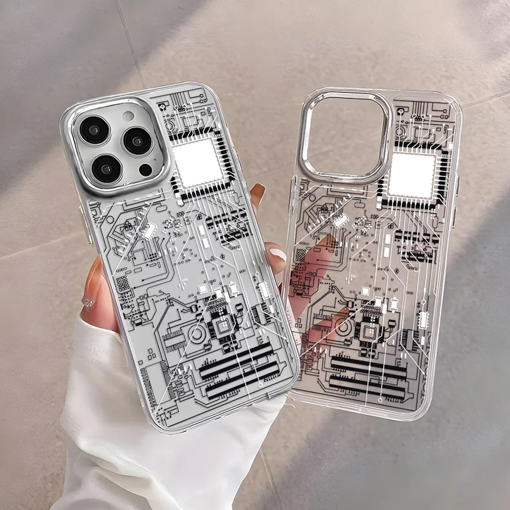 Advanced Circuit Board Phone Case For iPhone 17 Pro Max Air 16 15 14 13 12 Pro 11 Luxury Plating Transparent Soft Bumper Cover