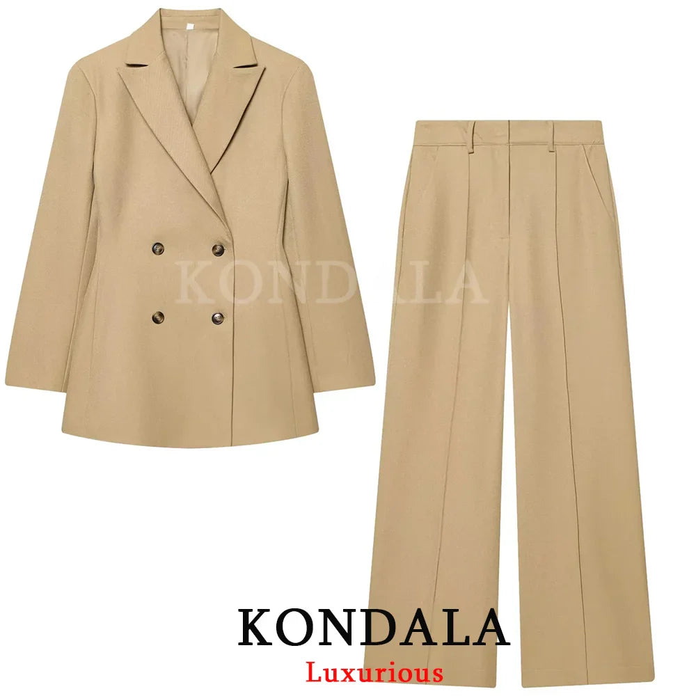 KONDALA Office Lady Chic Women Blazer Suit Double Breasted Long Sleeve Blazer Long Zipper Pants New Fashion 2026 Spring Suit