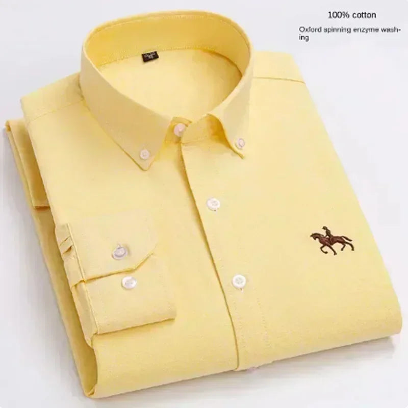 S~7XL 100% Pure Cotton Men's Long Sleeve Oxford Spinning Shirt Business Leisure Embroidery Pocket Slim Fit Button Style Soft Med