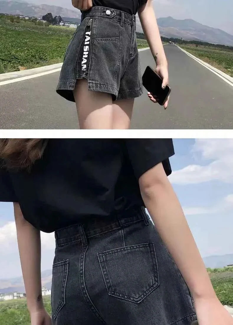 Women's Korean Y2K Black Denim Shorts Summer Thin High Waist A-Line Loose Wide Leg Slimming Hot Pants