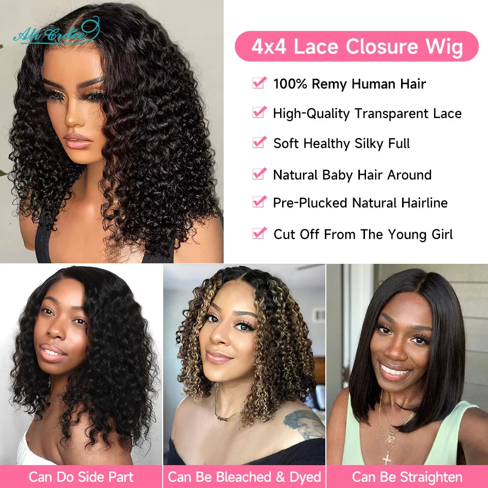 Ali Grace 4x4 Closure Wig Deep Wave Human Hair Wigs for Women Transparent Lace Closure Wig Bob Short Deep Wave Closure Bob Wig
