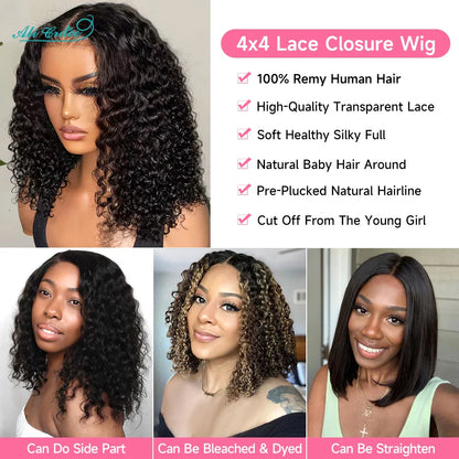 Ali Grace 4x4 Closure Wig Deep Wave Human Hair Wigs for Women Transparent Lace Closure Wig Bob Short Deep Wave Closure Bob Wig