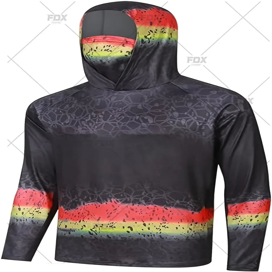 Army Green Camo Colorful Hoodie with Face Mask UV 50+Gaiter Fishing Clothing Men's Long sleeved Breathable Quick Drying T-shirt