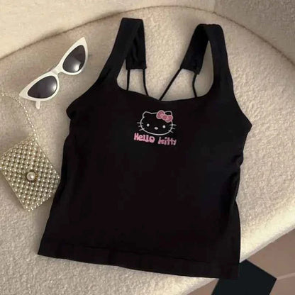 Summer Cute Girly Style HelloKitty Printed Suspender Vest with Chest Pad Slim Pinch Waist Versatile Vintage Top