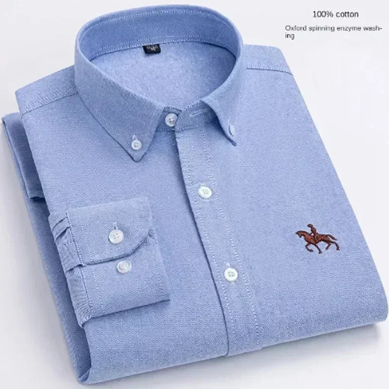 S~7XL 100% Pure Cotton Men's Long Sleeve Oxford Spinning Shirt Business Leisure Embroidery Pocket Slim Fit Button Style Soft Med