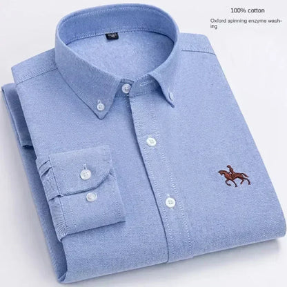 S~7XL 100% Pure Cotton Men's Long Sleeve Oxford Spinning Shirt Business Leisure Embroidery Pocket Slim Fit Button Style Soft Med