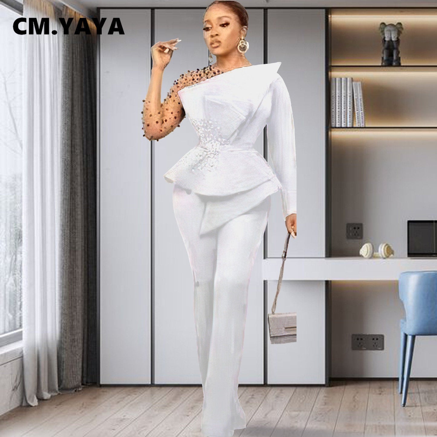 CM.YAYA Vintage Women  Beading Mesh Patchwork Ruffles Fan-shaped Blazer Tops and Pants Suit Two 2 Piece Set Outfits Tracksuit