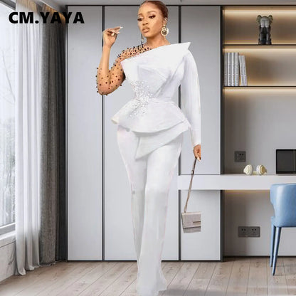 CM.YAYA Vintage Women  Beading Mesh Patchwork Ruffles Fan-shaped Blazer Tops and Pants Suit Two 2 Piece Set Outfits Tracksuit