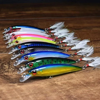 Laser Minnow Fishing Lure 10/5Pcs Artificial Bionic 9cm/7g Swing Hard Bait with Feather Tackle Hook Wobbler Pesca for Bass Pike
