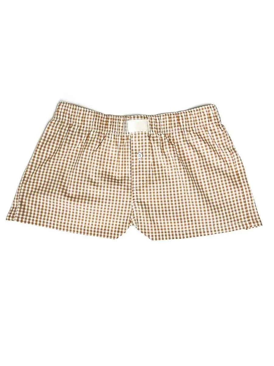 Women’s Y2K Retro Cleanfit Plaid Print Elastic Low Waist Button Front Aesthetic Loungewear Loose Shorts Boxers Streetwear