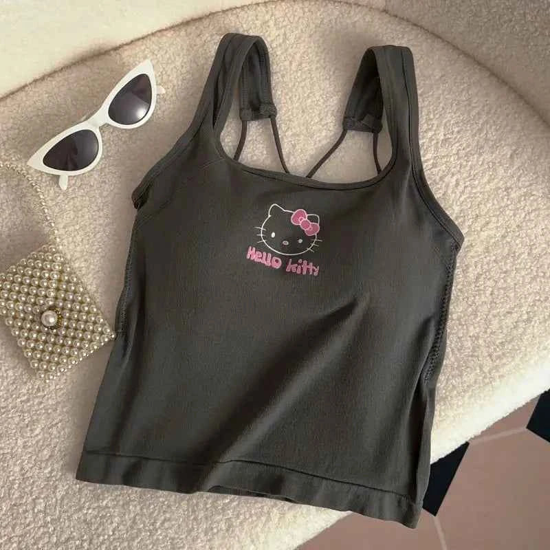 Summer Cute Girly Style HelloKitty Printed Suspender Vest with Chest Pad Slim Pinch Waist Versatile Vintage Top