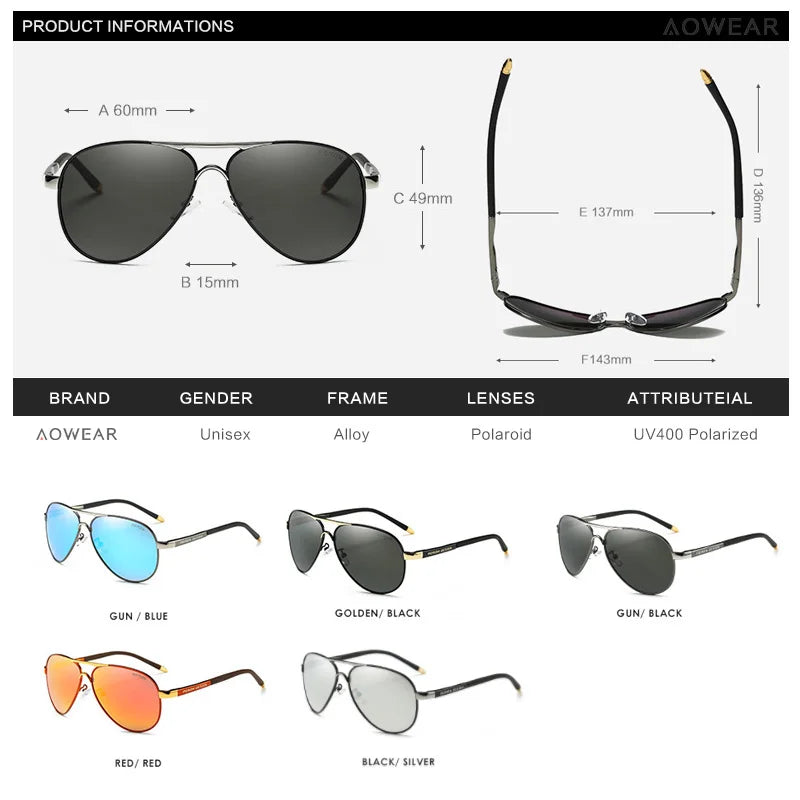 AOWEAR Men's Aviation Sunglasses Men Polarized Mirror Sunglass for Man HD Driving Pilot Sun Glasses