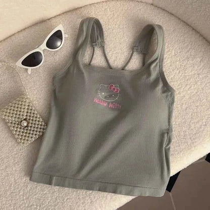 Summer Cute Girly Style HelloKitty Printed Suspender Vest with Chest Pad Slim Pinch Waist Versatile Vintage Top