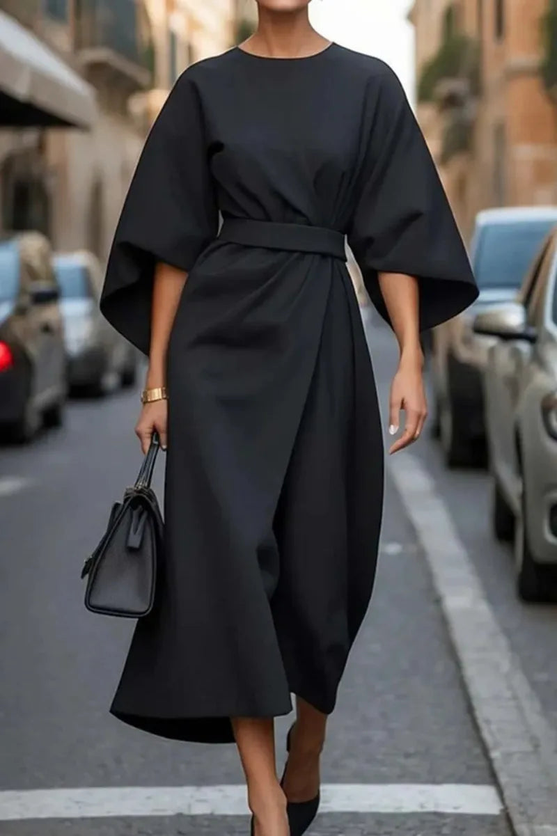 Spring Fashion Solid Color Dress Women Sexy Round Neck Bat Sleeve High Waist Dress Elegant Commuting Dresses for Women Summer