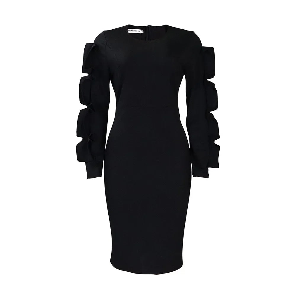 Elegant Office Dresses for Woman 2024 New O Neck Petal Sleeve Sheath Package Hips Mid Calf Formal Business Work Wear Dress Midi