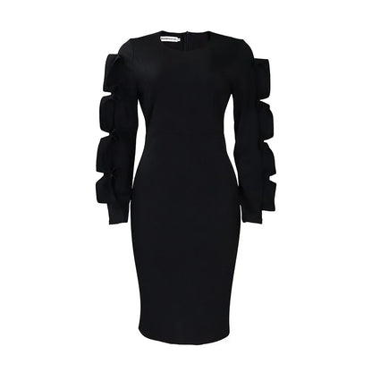 Elegant Office Dresses for Woman 2024 New O Neck Petal Sleeve Sheath Package Hips Mid Calf Formal Business Work Wear Dress Midi