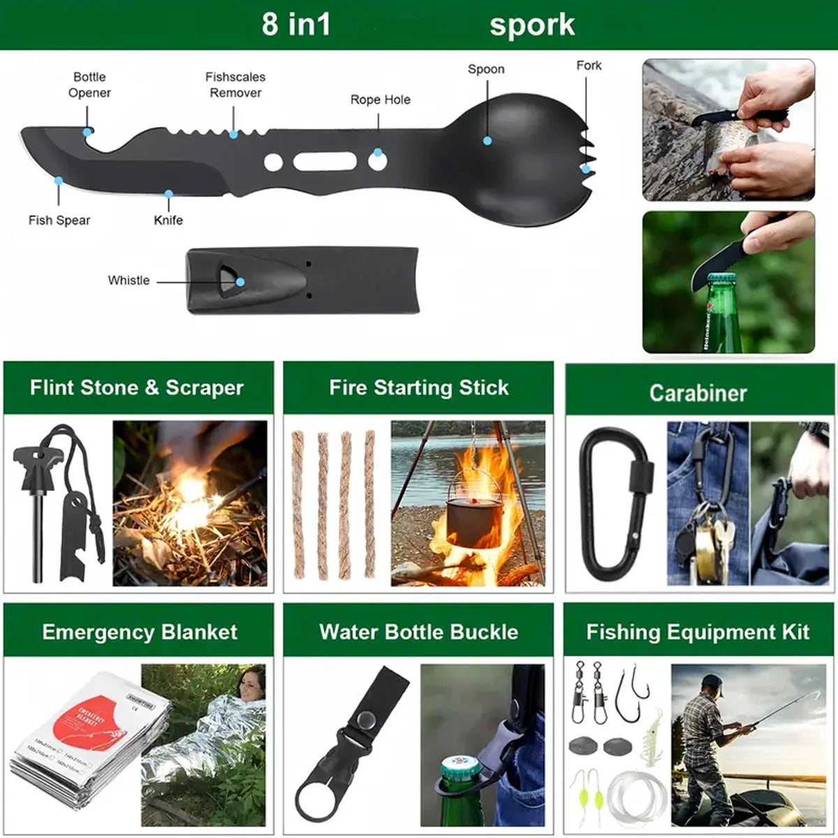 142-Piece Camping Survival Kit – First Aid, Fishing & Survival Gear with MOLLE Pouch