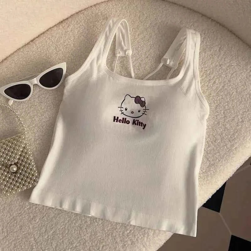 Summer Cute Girly Style HelloKitty Printed Suspender Vest with Chest Pad Slim Pinch Waist Versatile Vintage Top