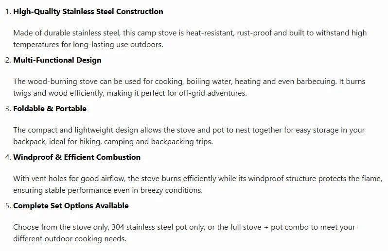 Portable Stainless Steel Wood Burning Camp Stove Set with 304 Cookware Pot for Outdoor Camping New