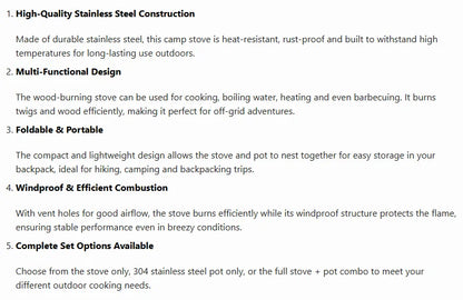 Portable Stainless Steel Wood Burning Camp Stove Set with 304 Cookware Pot for Outdoor Camping New