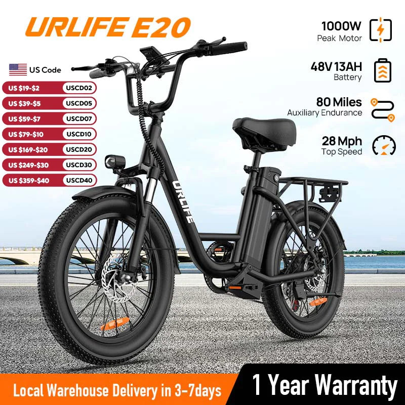 1000W Electric Bike – 48V 13Ah Removable Battery, 20″×3" Fat Tire, 7-Speed, Dual Disc Brakes